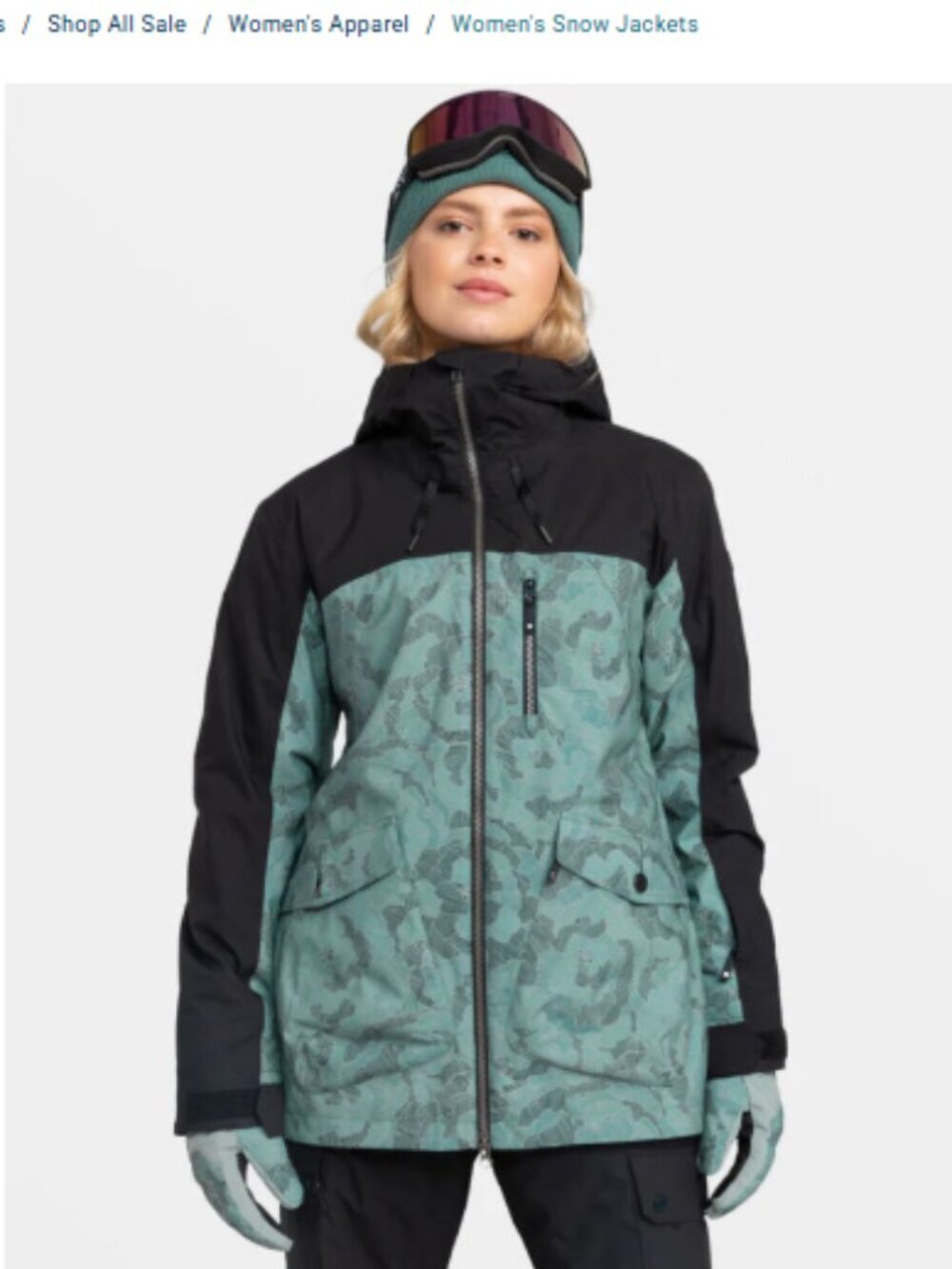 Roxy Women's Large Stated Snow Jacket Ski Snowboard NWT Green Teal Fixed Hood